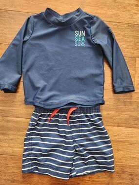 Carter's Baby Boy Navy Blue Rash Guard Swimsuit Set with Swim Trunks, 12 Months